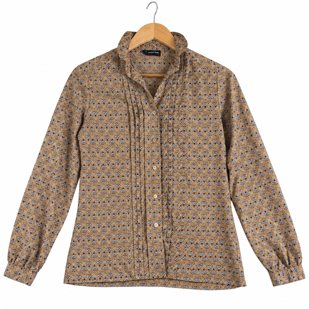 Pan-her Pin Tuck Pleated Button Up Blouse Geometric Print Tan Brown Top S